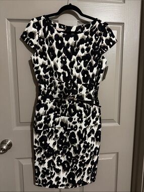 dressbarn Black and White Leopard-Print Midi Sheath Dress